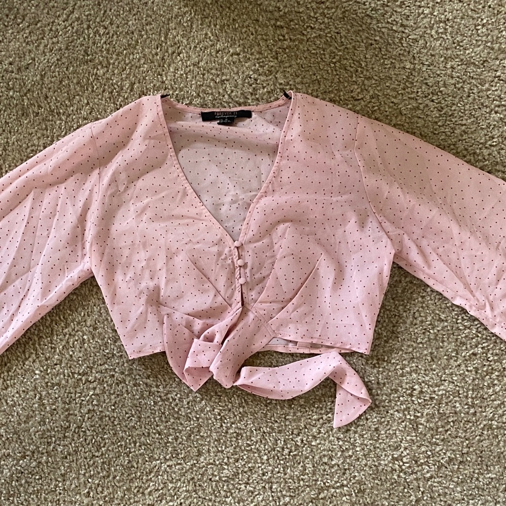 Forever 21 Pink Dotted Tie-Front Blouse
